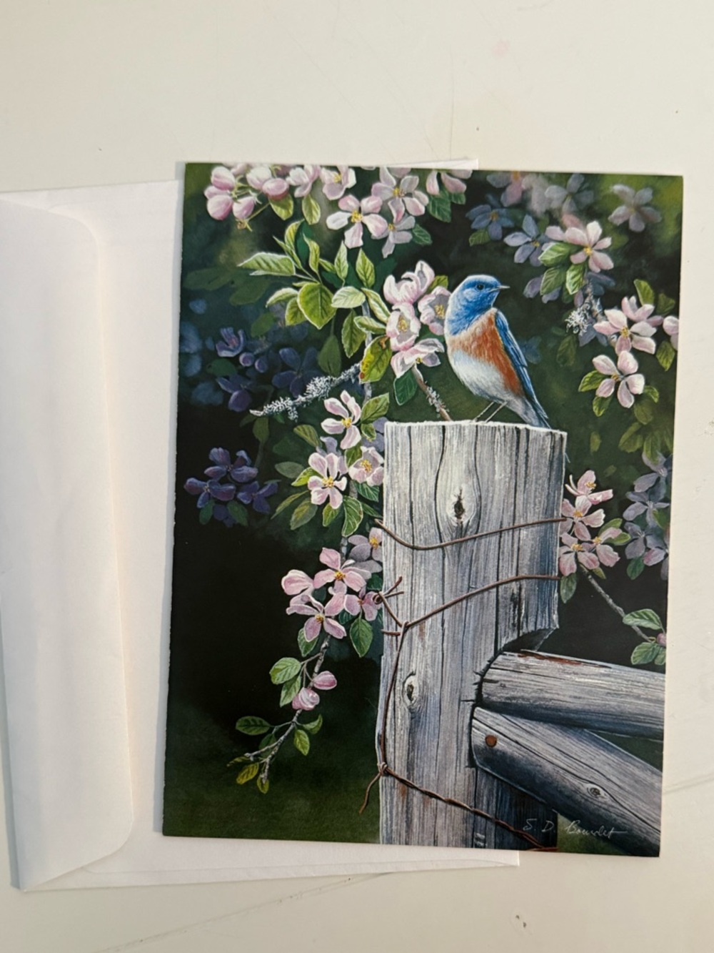 Bluebird on Rustic Post Floral Blank Greeting Card w/Envelope
